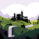 The cover of Back Again from a Broken Land depicting rolling green hills with a black castle in the background. Four small black and white figures walk in the foreground.